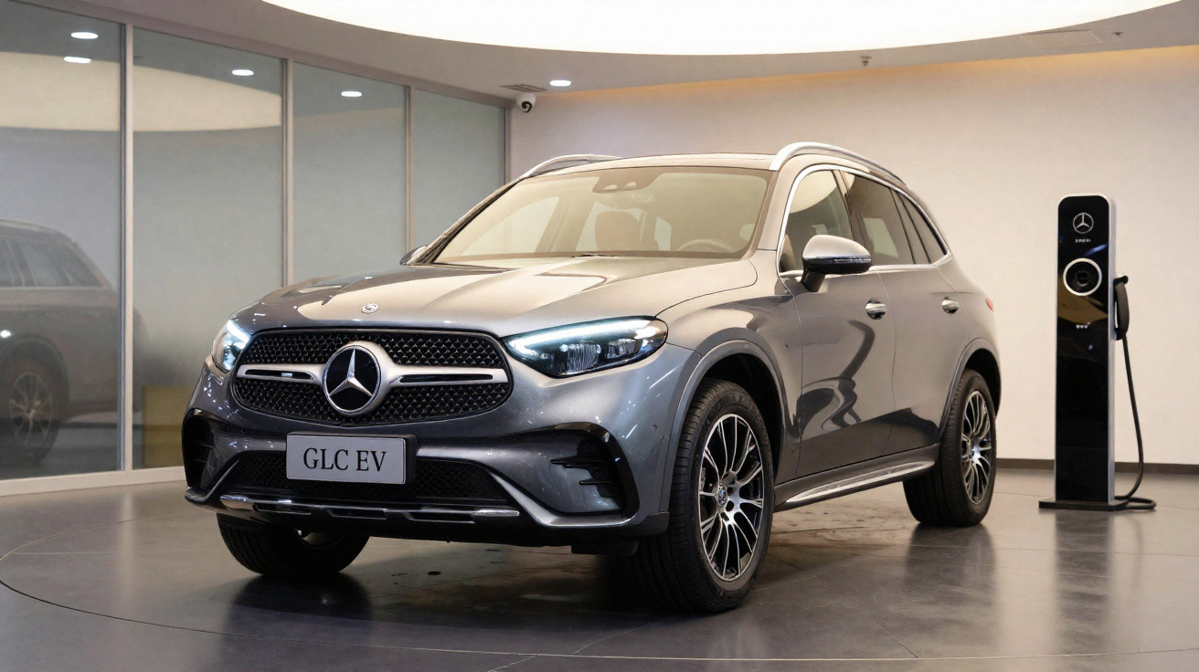 Carro elétrico Mercedes-Benz GLC EV cinza estacionado próximo a carregador em ambiente fechado.