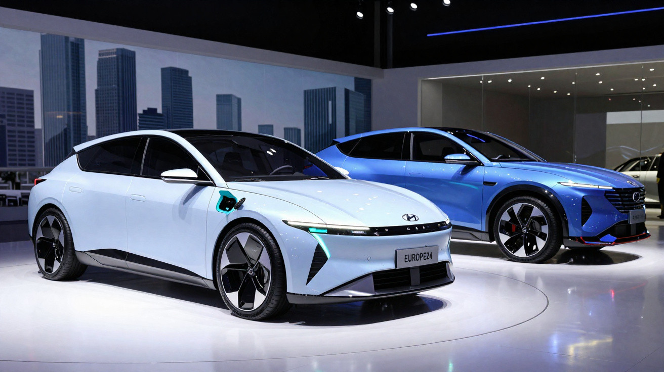 Dois carros elétricos Hyundai em exposição, um branco e um azul, com cenário urbano ao fundo.