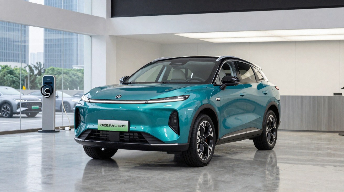 Carro elétrico SUV azul estacionado em ambiente interno moderno, com estação de recarga ao fundo.