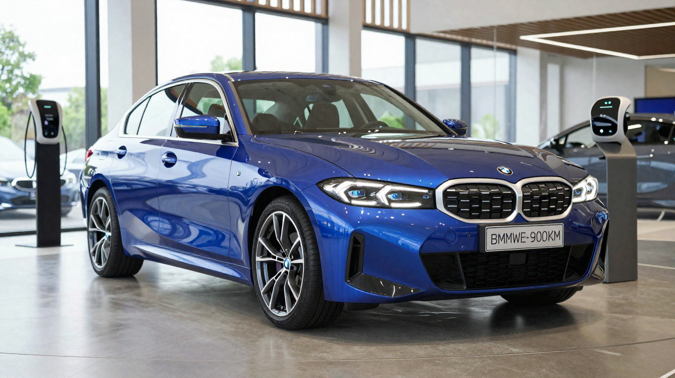 Carro BMW azul em exposição em showroom moderno com grandes janelas e carregadores elétricos ao fundo.