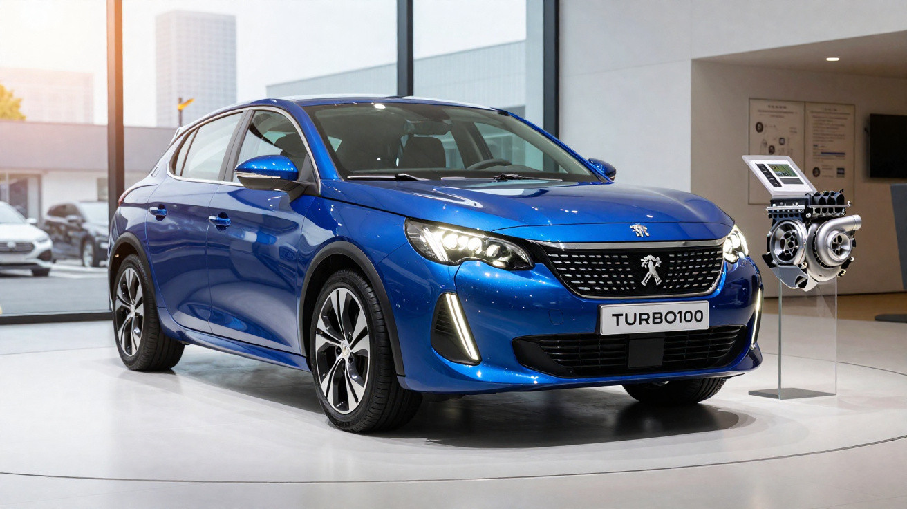 Carro hatch azul Peugeot exposto em salão, com motor turbo em pedestal ao lado.