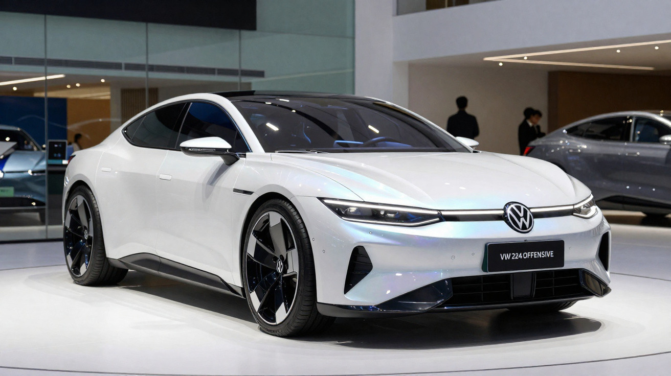 Carro elétrico branco VW 224 Offensive exibido em salão moderno com design esportivo e rodas pretas.
