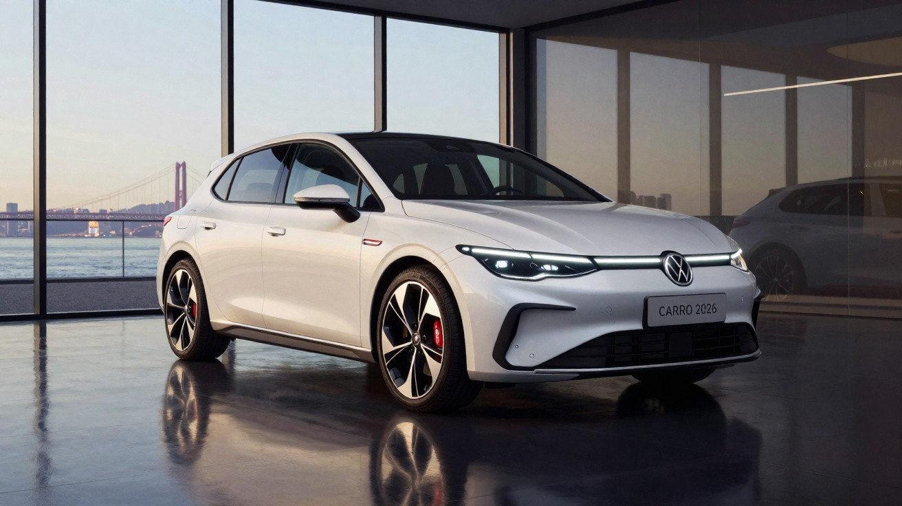 Carro elétrico branco Volkswagen 2026 em garagem moderna com janelas amplas e vista para ponte ao fundo.