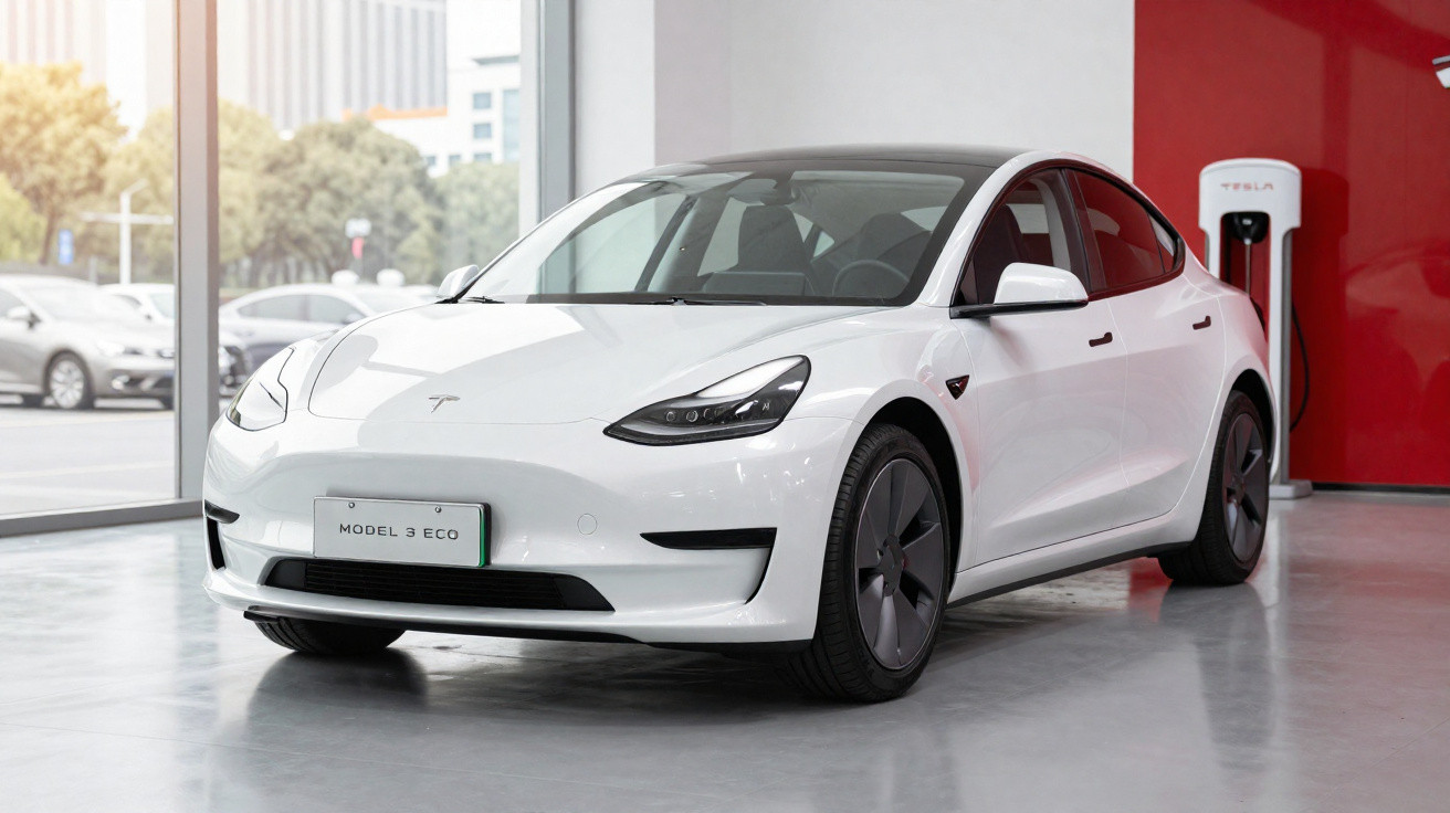 Carro elétrico branco Tesla Model 3 Eco estacionado em showroom moderno com carregador na parede vermelha.
