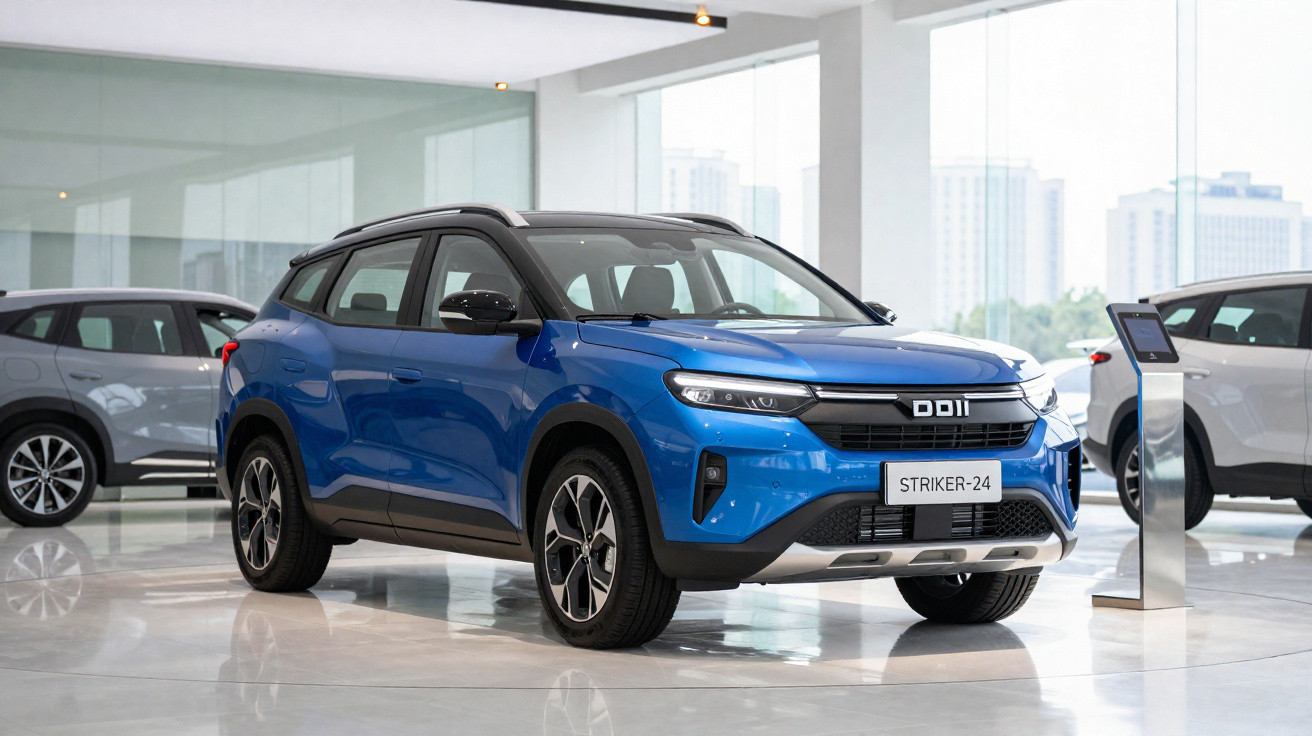 SUV elétrico azul DD1 Striker-24 exibido em showroom moderno com carros ao fundo