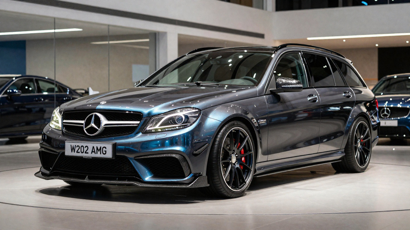 Mercedes-Benz AMG W202 cinza metálico estacionado em showroom moderno com piso claro.