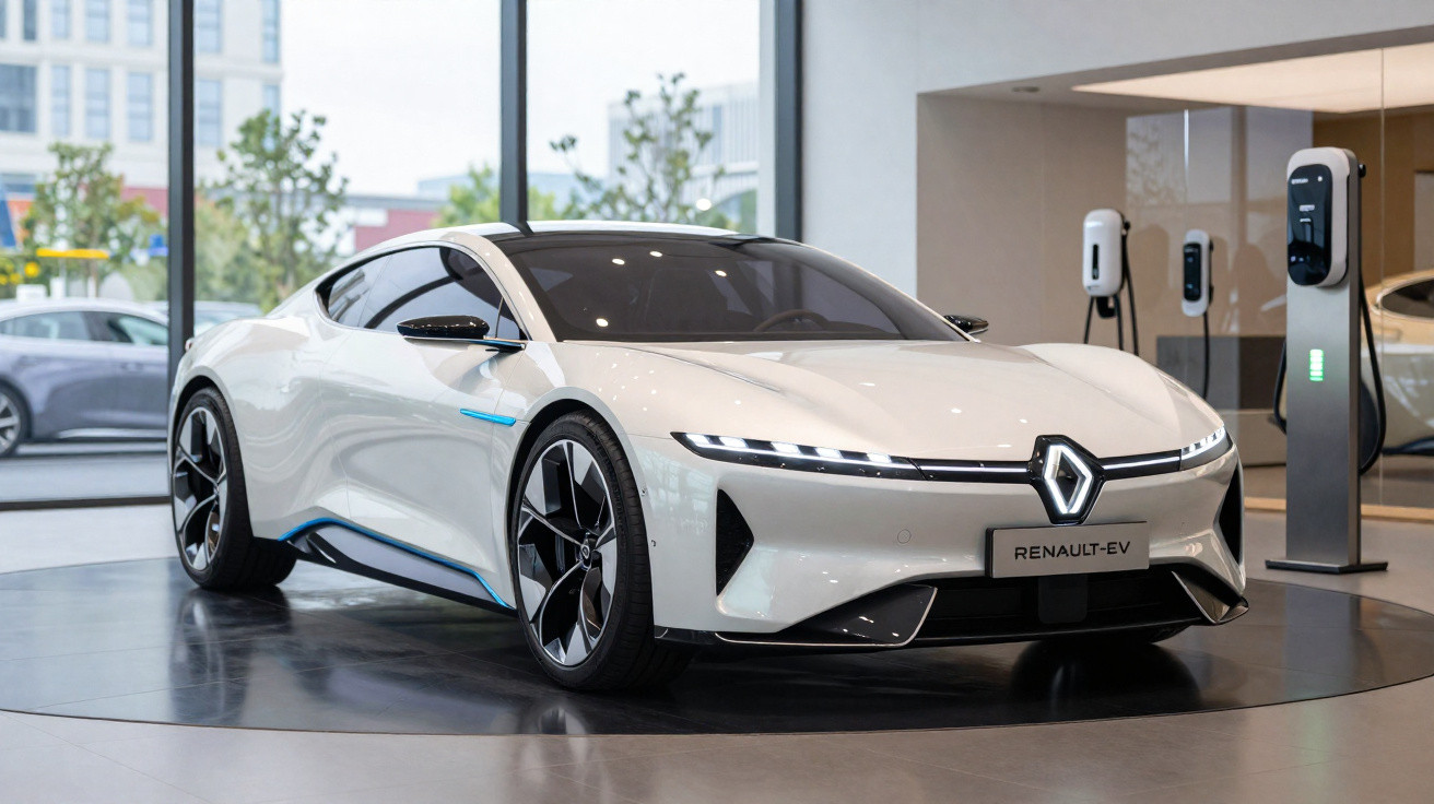 Carro elétrico Renault branco exposto em showroom moderno com estação de carregamento ao fundo.