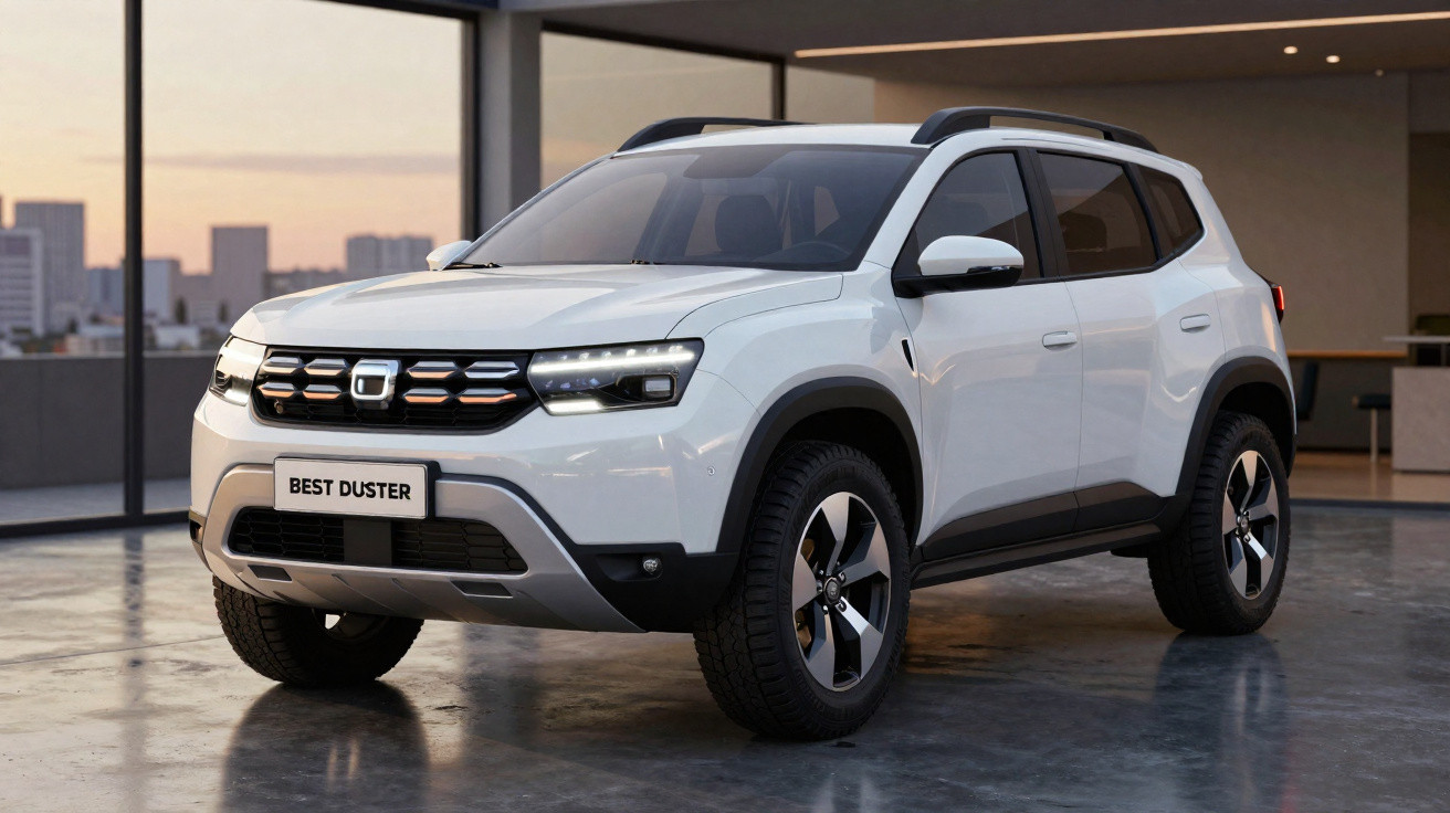 SUV branco Dacia Best Duster estacionado em garagem moderna com vista urbana ao pôr do sol.