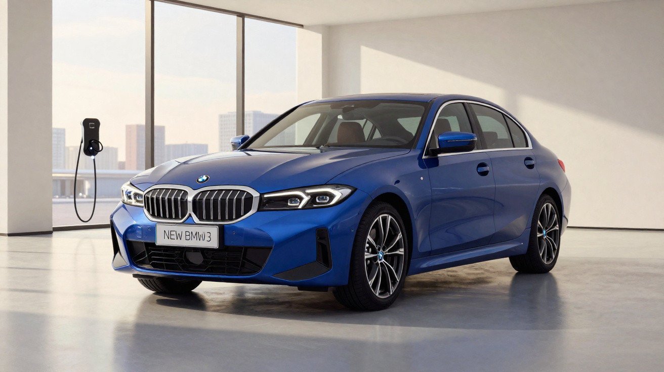 Carro azul BMW Série 3 elétrico estacionado em ambiente interno com parede branca e carregador elétrico ao fundo.