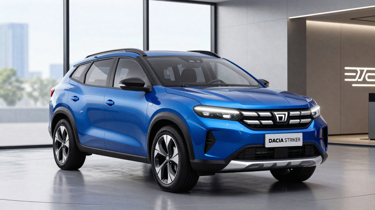 SUV Dacia Striker azul exibido em showroom moderno com detalhes em preto e teto solar.
