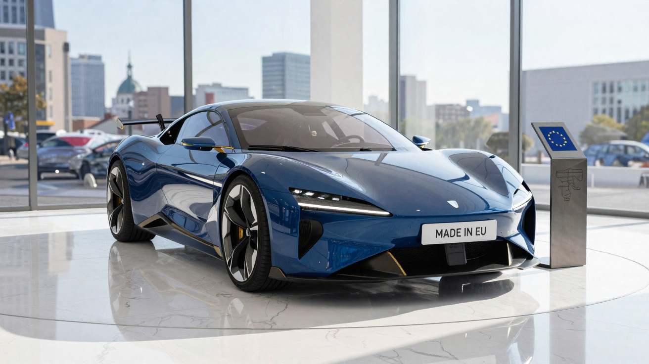 Carro esportivo azul com design futurista exposto em showroom moderno com grandes janelas.