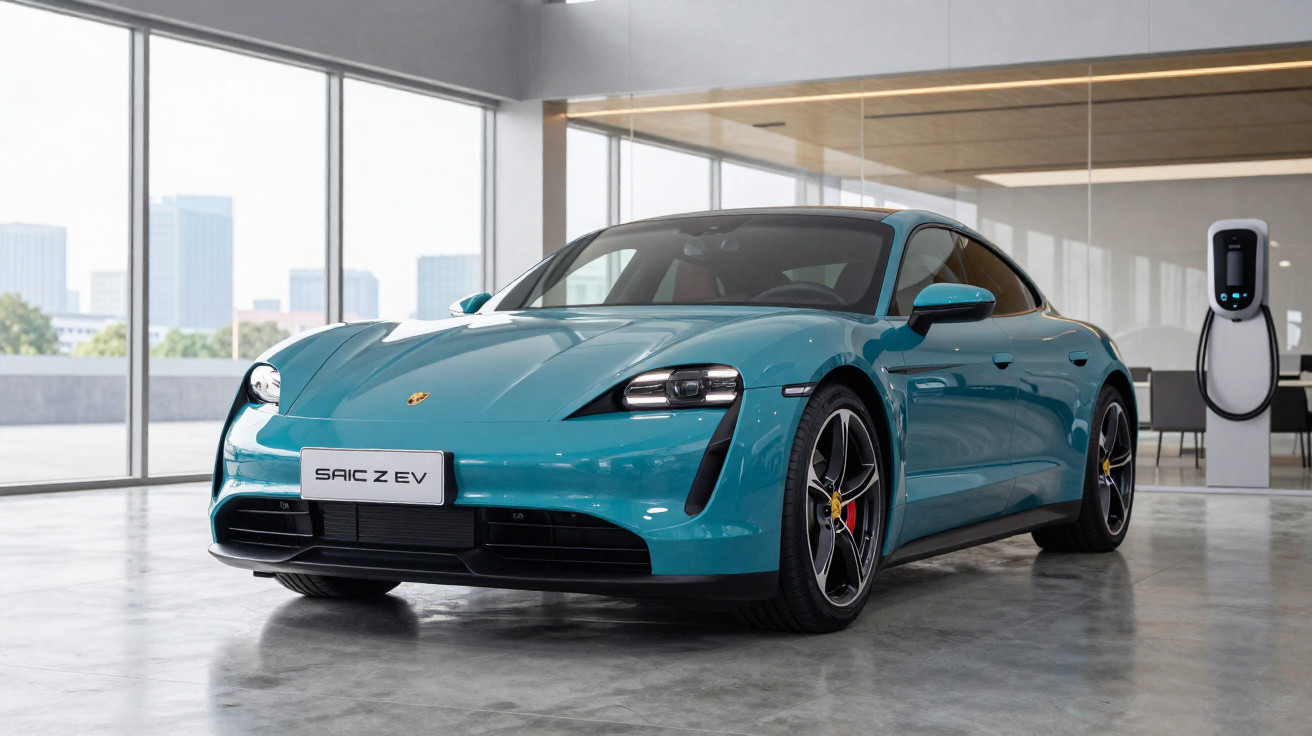 Carro esportivo elétrico azul Porsche SAIC Z EV em showroom moderno com carregador à parede.