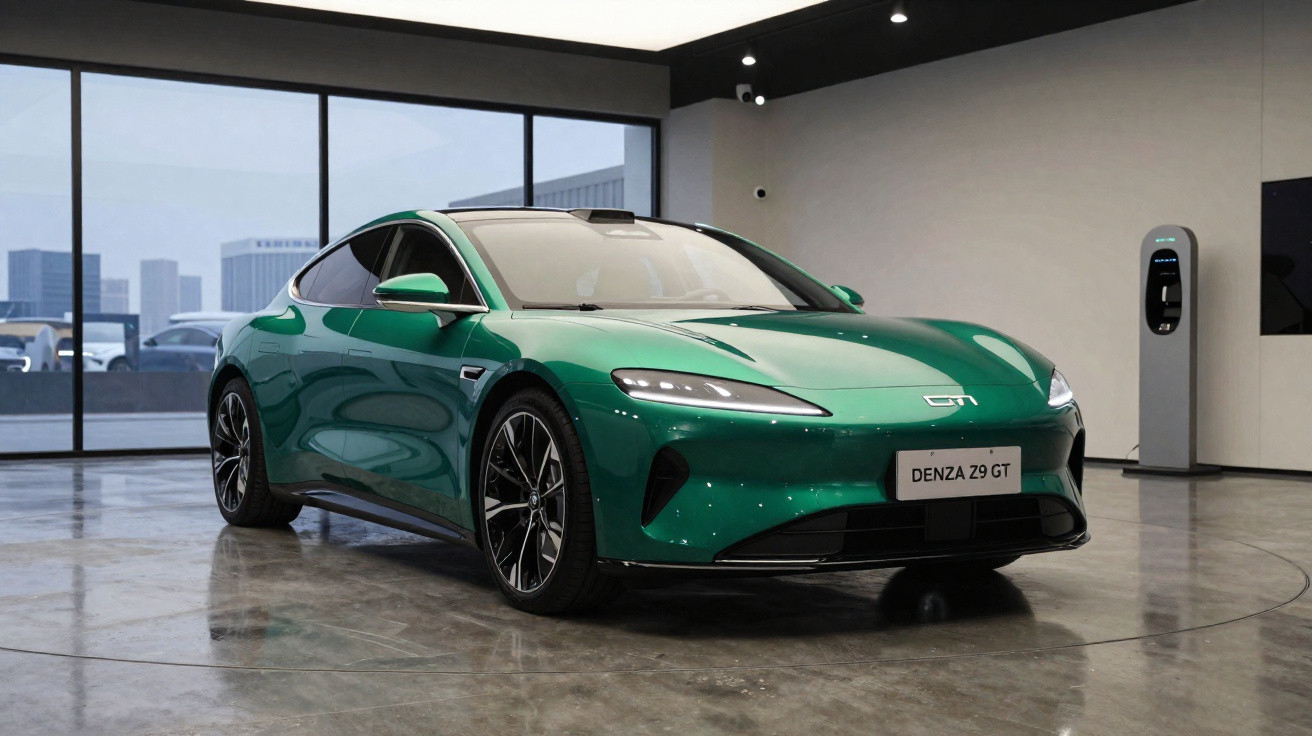 Carro elétrico verde Denza Z9 GT em exposição dentro de showroom moderno.