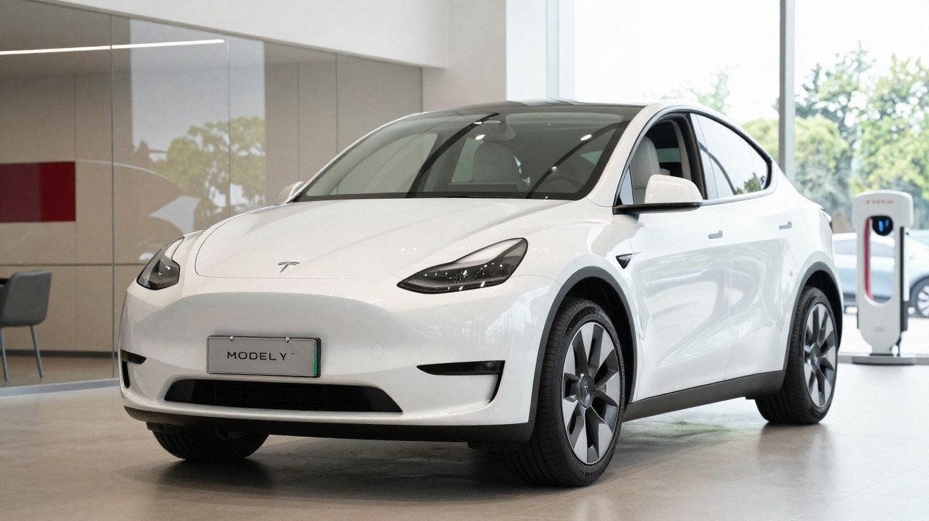 Carro elétrico Tesla Model Y branco estacionado em showroom moderno com carregador ao fundo.