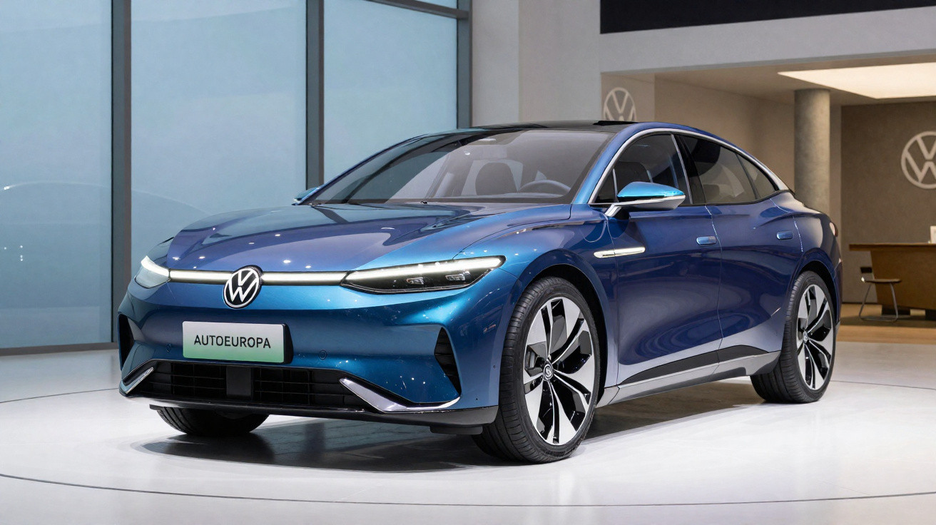 Carro elétrico Volkswagen ID.Aero azul exibido em showroom moderno com iluminação branca.