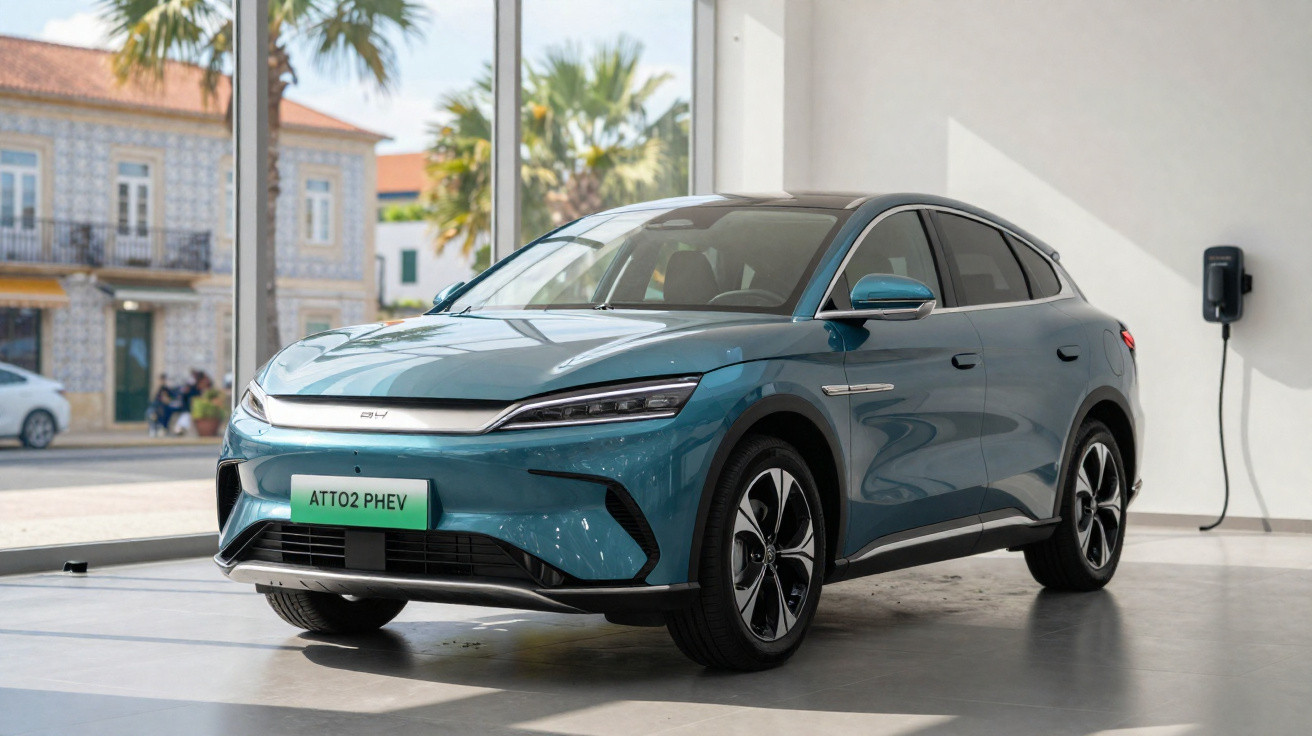 Carro elétrico azul Atto 2 PHEV estacionado em showroom com parede branca e janela de vidro.