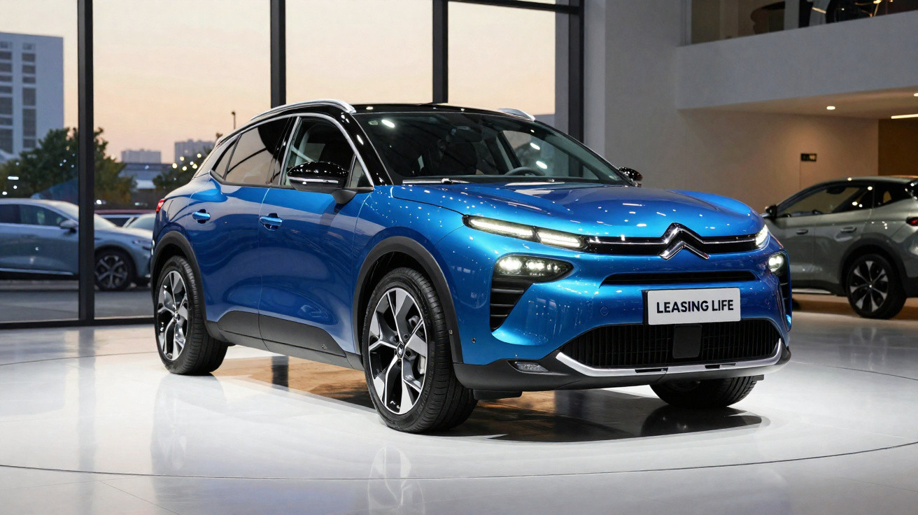 Carro SUV Citroën azul exibido em ambiente interno moderno com iluminação suave.