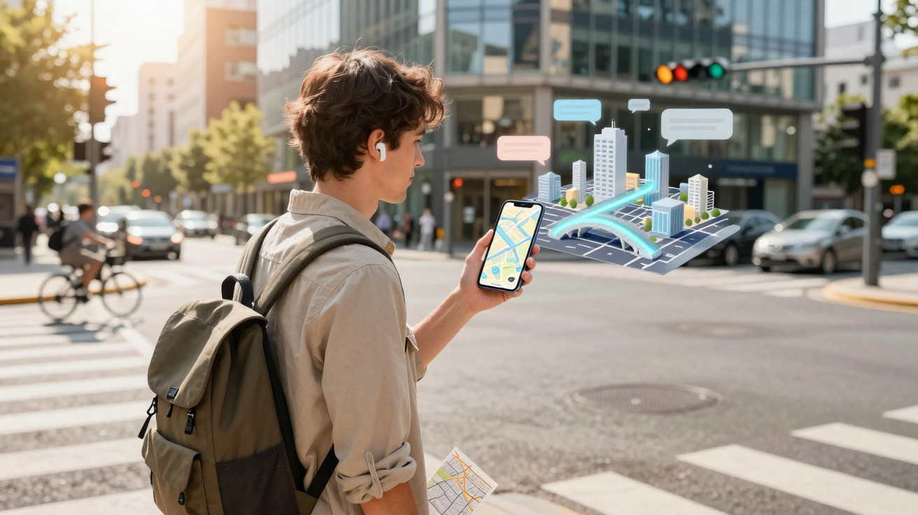 Jovem com mochila usando mapa digital e papel para se orientar na rua de uma cidade movimentada.