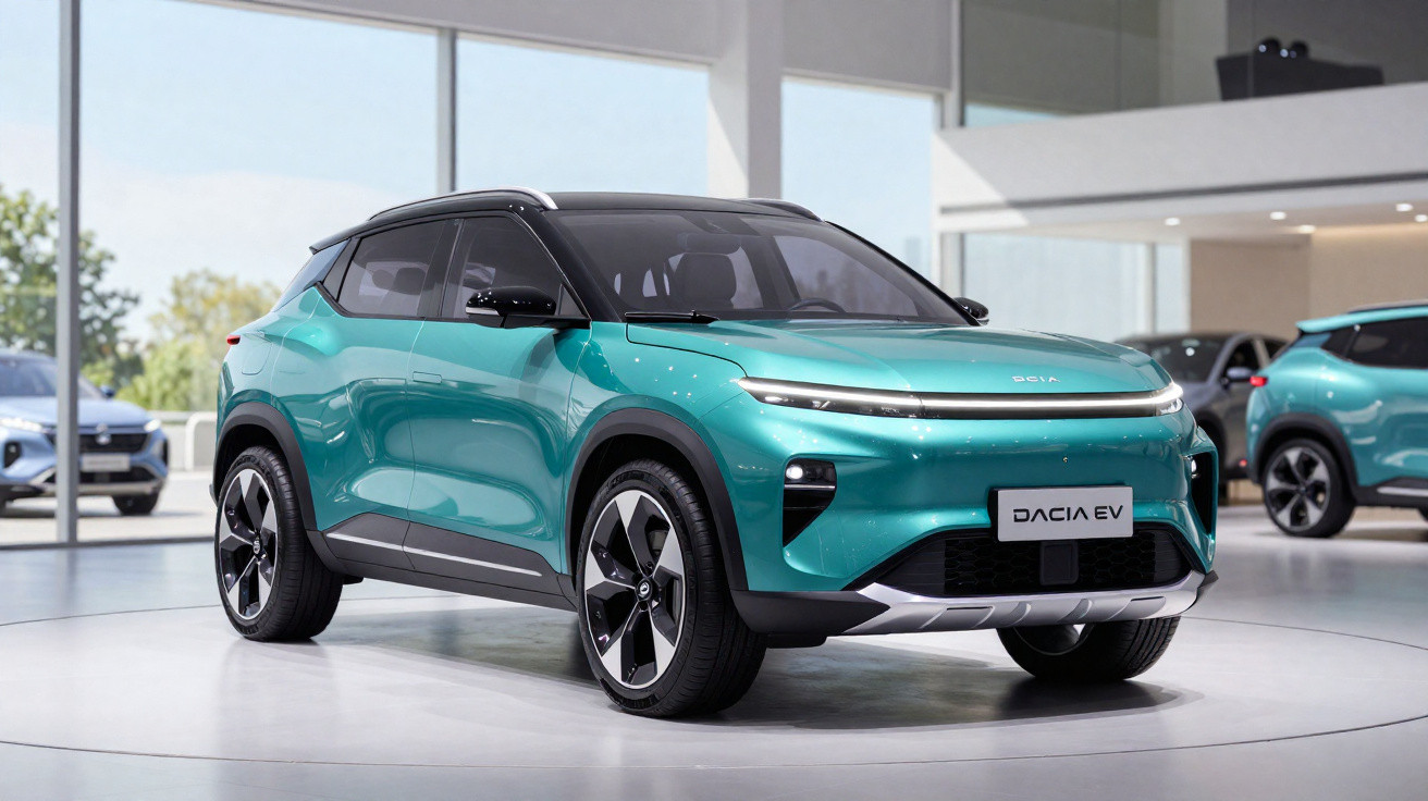 SUV elétrico Dacia EV verde em showroom moderno com rodas pretas e detalhes prateados.