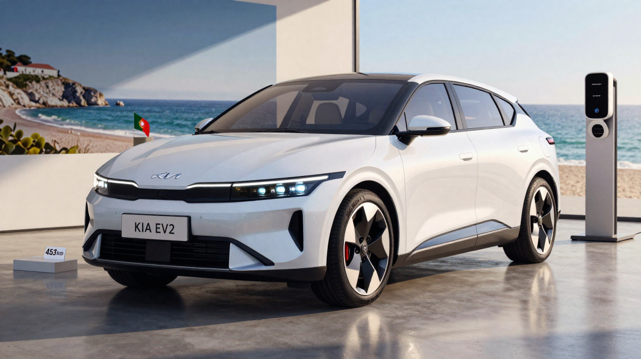 Carro elétrico branco Kia EV2 estacionado próximo a estação de recarga com cenário de praia ao fundo.