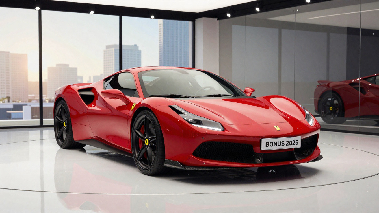 Carro esportivo vermelho Ferrari exibido em showroom moderno com paredes de vidro e vista urbana ao fundo.