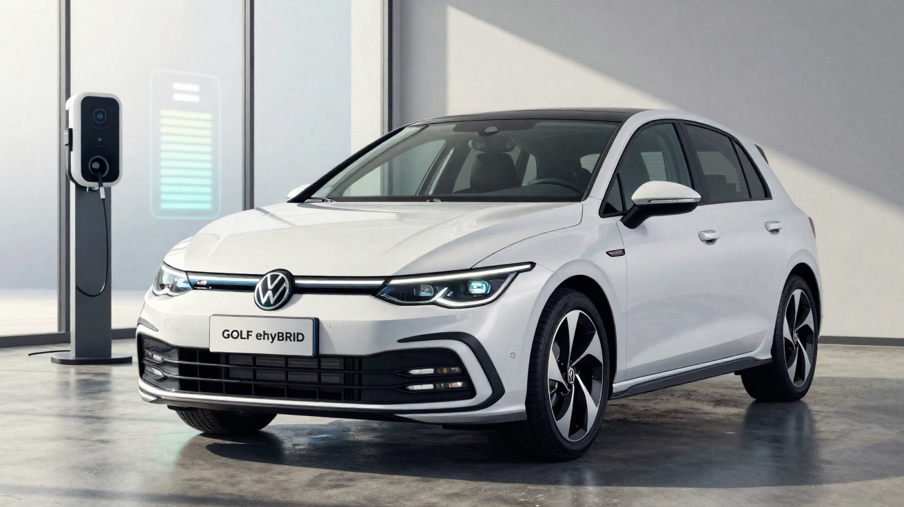 Carro branco Volkswagen Golf ehyBRID estacionado ao lado de estação de recarga elétrica.