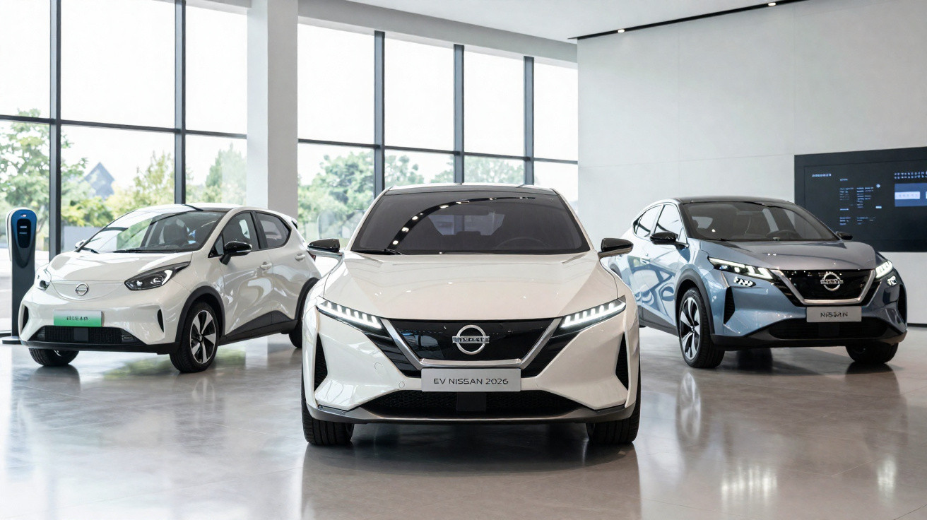 Três carros elétricos Nissan expostos em showroom moderno, com janelas amplas e carregador ao lado.