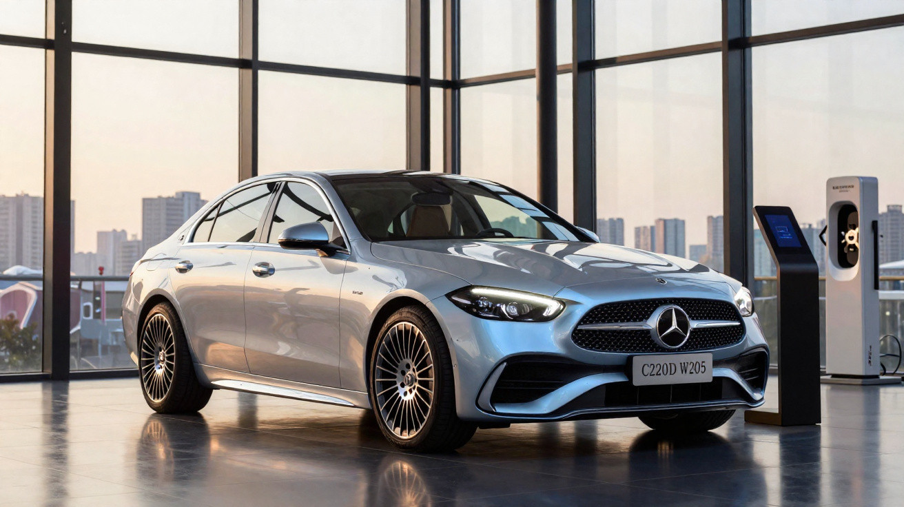Carro Mercedes-Benz prata modelo C220D W205 em showroom moderno com janelas grandes e estação de recarga elétrica.