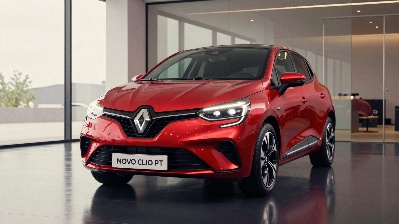 Carro hatch vermelho Renault Novo Clio PT em showroom moderno com chão refletivo e paredes de vidro.