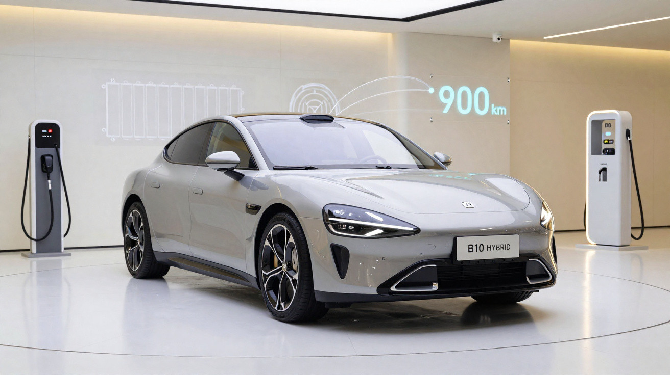 Carro elétrico cinza modelo B10 Hybrid em centro de recarga com projeção de autonomia de 900 km.