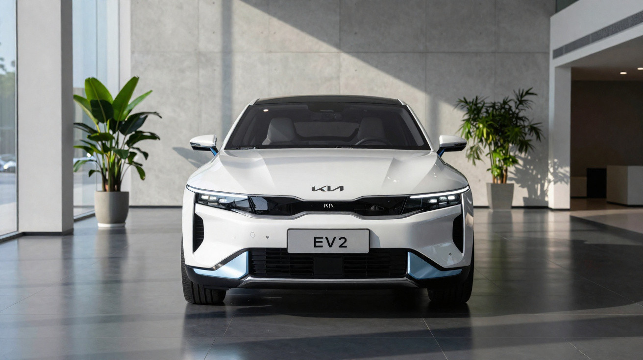 Carro elétrico branco Kia EV2 estacionado em ambiente interno moderno com plantas ao fundo.