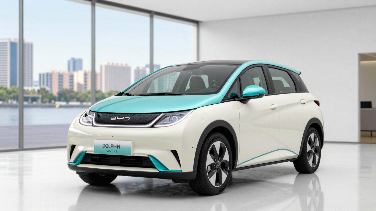 Carro elétrico BYD Dolphin branco com detalhes azul em showroom moderno com janelas grandes.