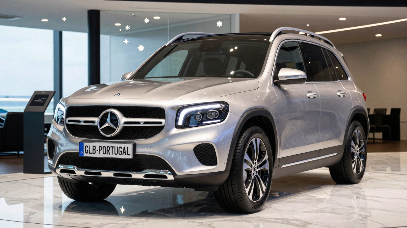 Carro SUV Mercedes-Benz prata em exposição interna com placa personalizada "GLB-PORTUGAL".