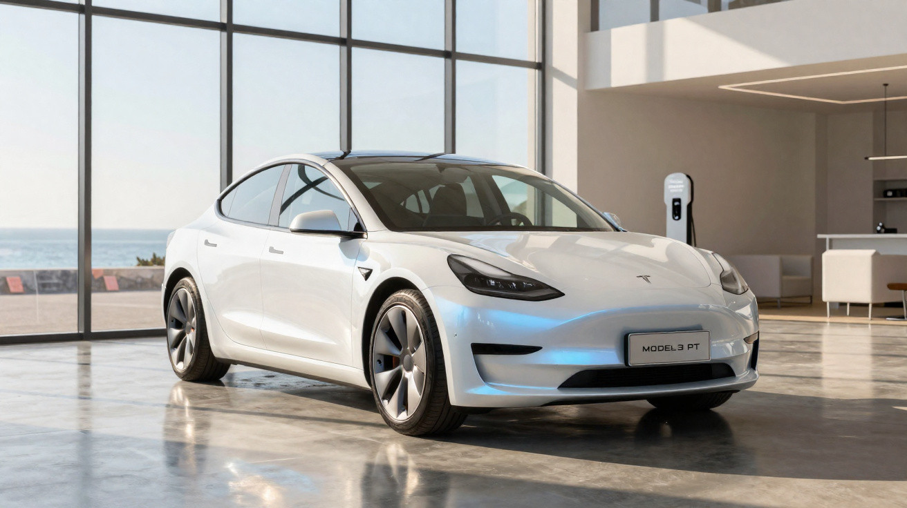 Carro elétrico Tesla Model 3 branco estacionado em salão moderno com parede de vidro.