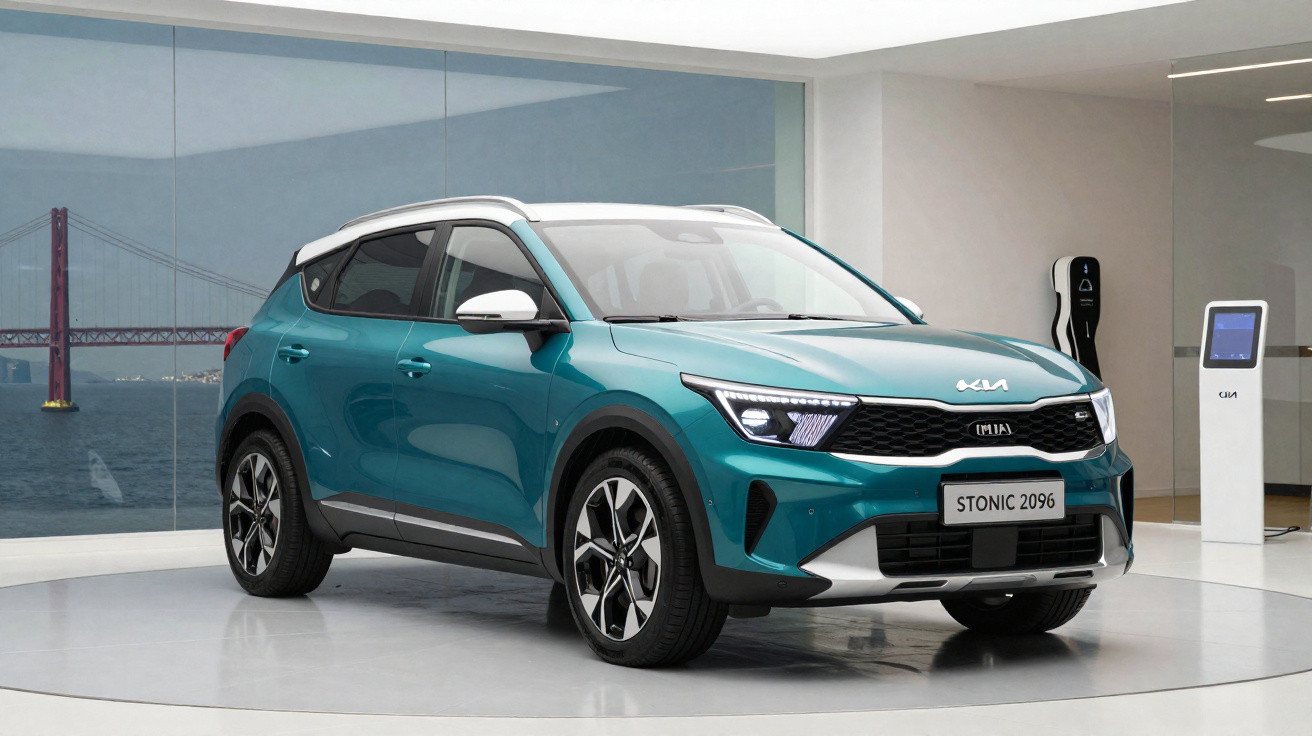 Carro SUV Kia Stonic verde com teto branco exposto em showroom moderno com parede de vidro e estação de recarga.