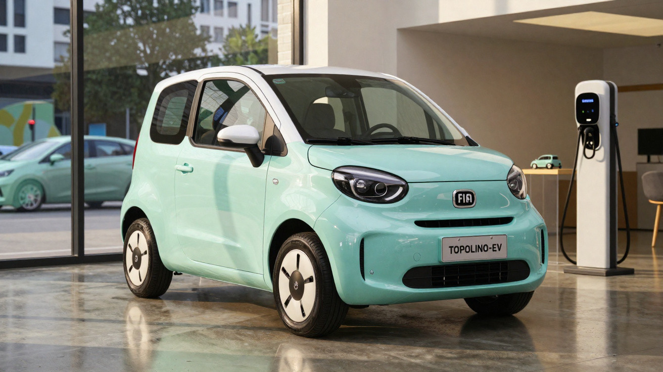 Carro elétrico Fiat Topolino-EV verde água em exposição com estação de recarga ao lado.