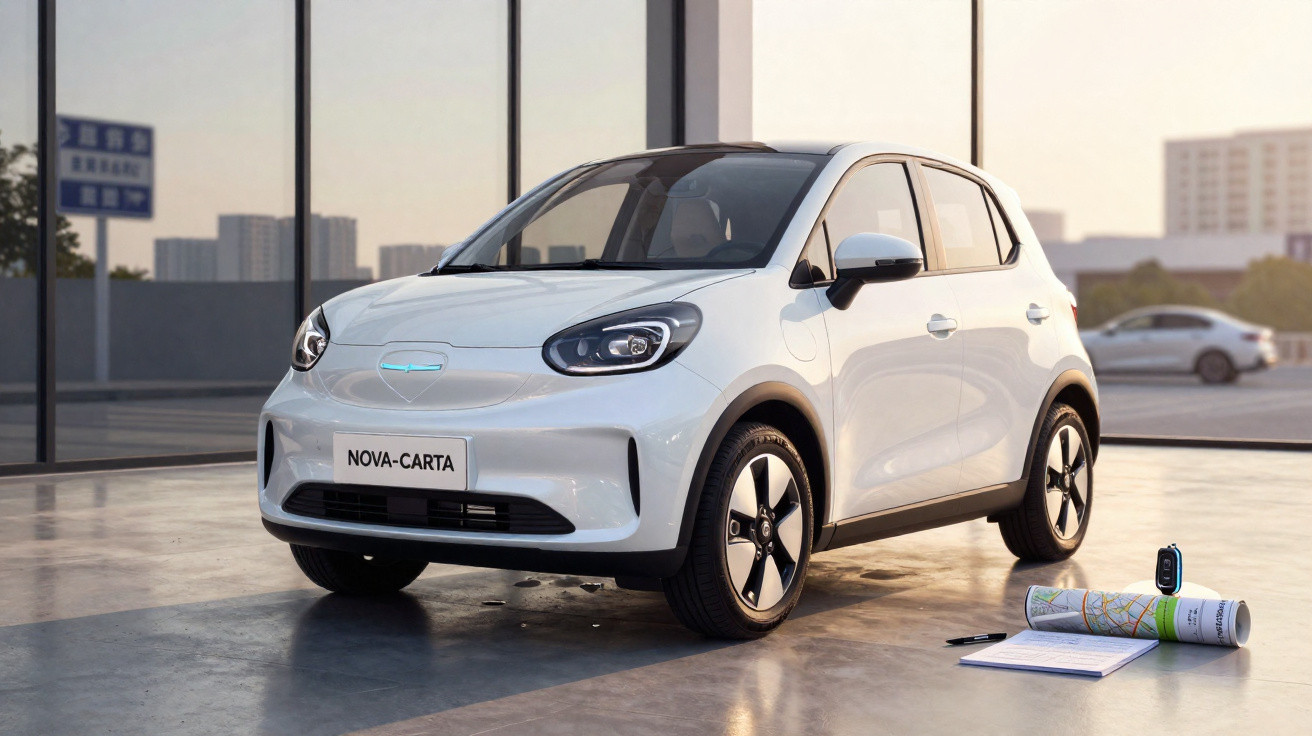 Carro elétrico compacto branco estacionado em piso interno com plantas e documentos ao lado.