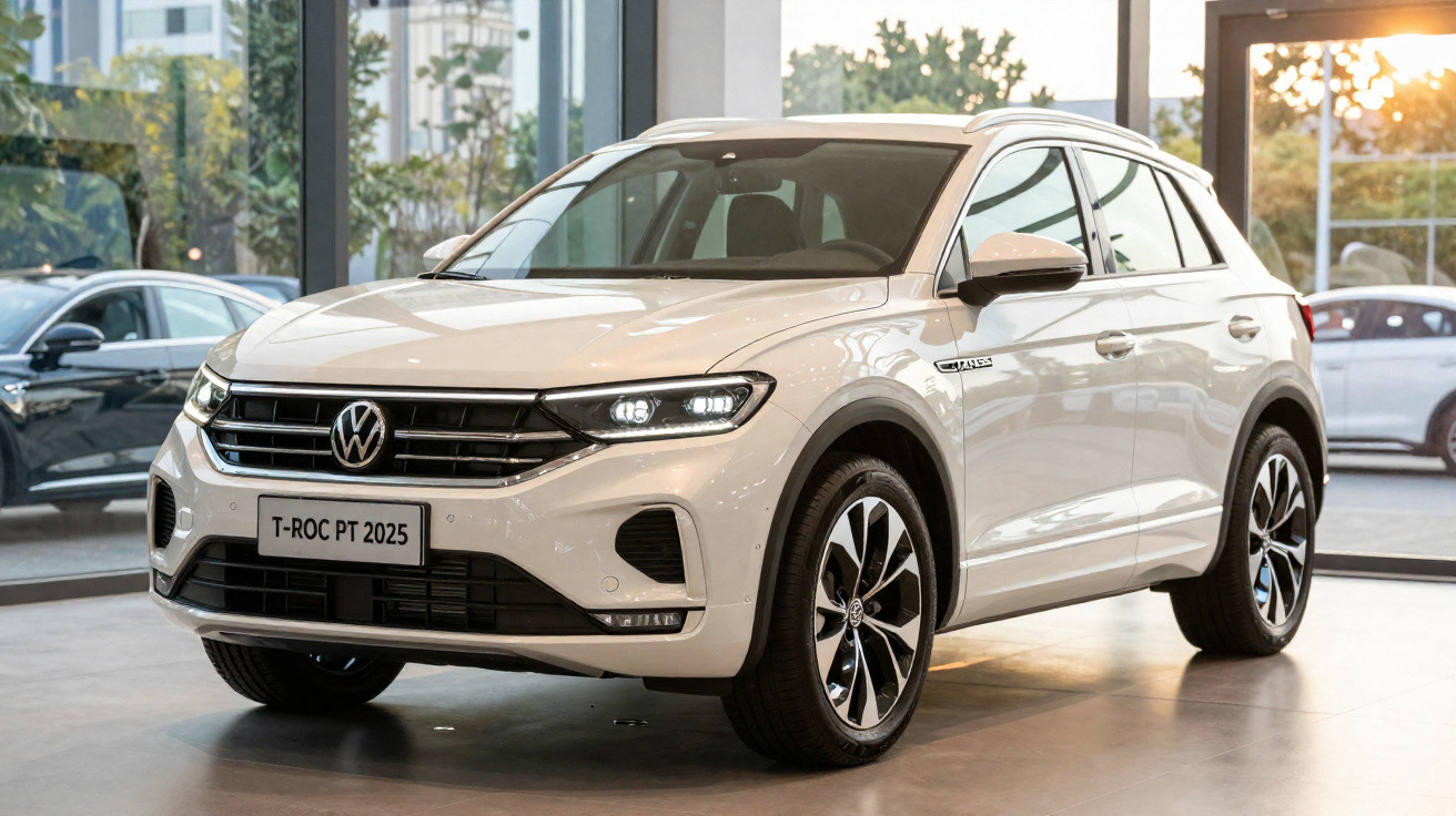 Carro Volkswagen T-Roc branco 2025 exibido em showroom moderno com luz natural ao fundo.