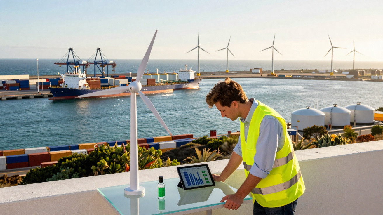 Homem com colete refletivo analisa gráficos em tablet próximo a maquete de turbina eólica em porto com navios.