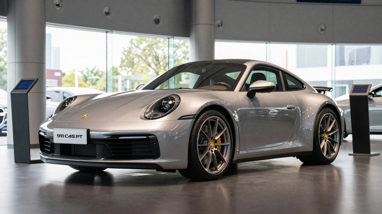 Carro esportivo Porsche 911 C4S PT prata exibido em showroom moderno e iluminado.