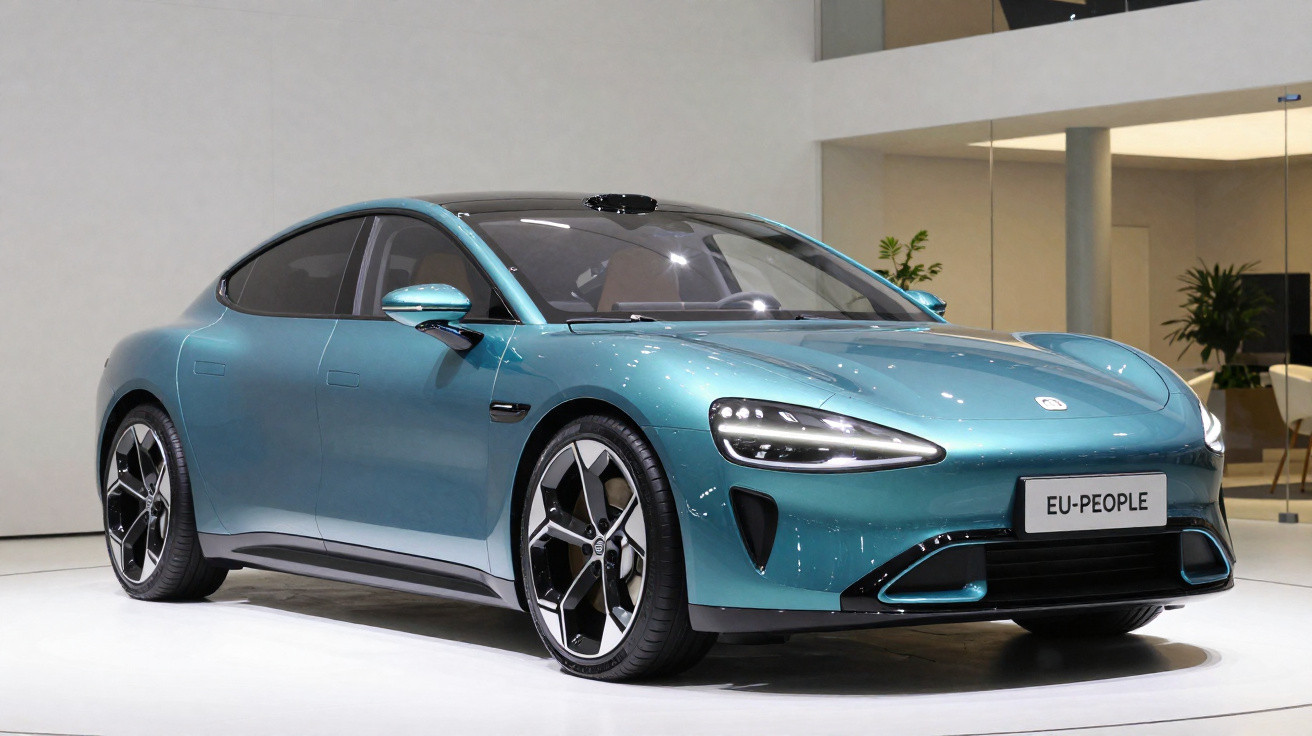 Carro esportivo elétrico azul com design aerodinâmico e faróis de LED em exposição interna.