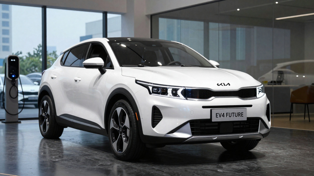 Carro elétrico branco Kia EV4 Future estacionado em ambiente interno moderno com carregador ao fundo.