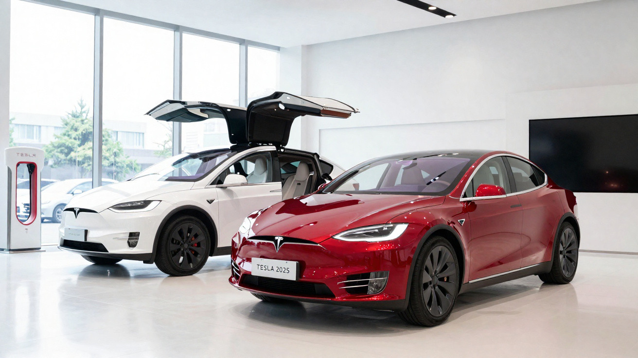 Carros elétricos Tesla vermelho e branco em showroom moderno, com portas abertas do modelo branco.
