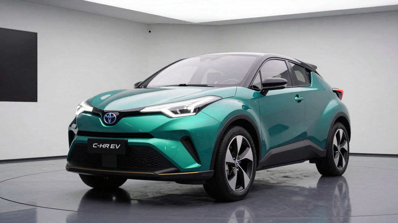 Carro elétrico Toyota C-HR EV verde e preto em estúdio com fundo cinza.