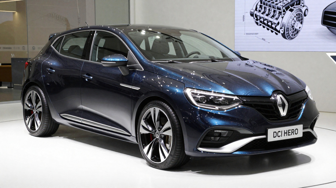 Carro hatchback Renault DCI HERO azul escuro exibido em salão automotivo com fundo neutro branco.