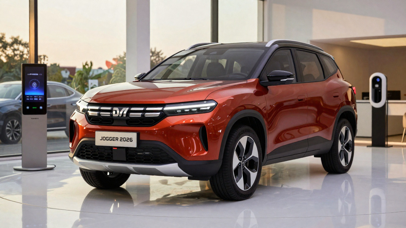 Carro SUV vermelho modelo Jogger 2026 exibido em showroom moderno com piso branco e iluminação natural.