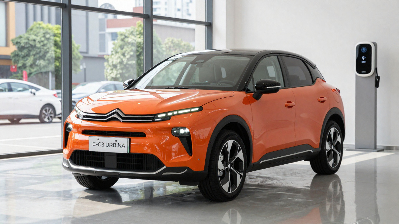 Carro elétrico Citroën E-C3 Urbina laranja estacionado em showroom ao lado de carregador elétrico.