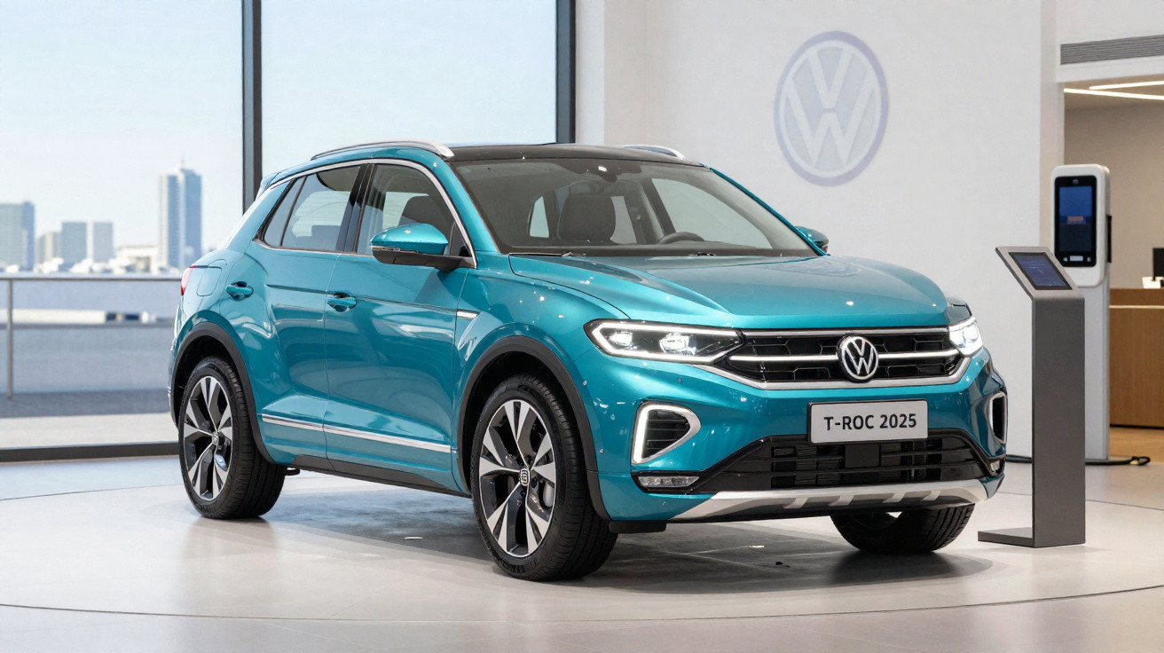 SUV Volkswagen T-Roc 2025 azul em exposição dentro de showroom moderno e iluminado.