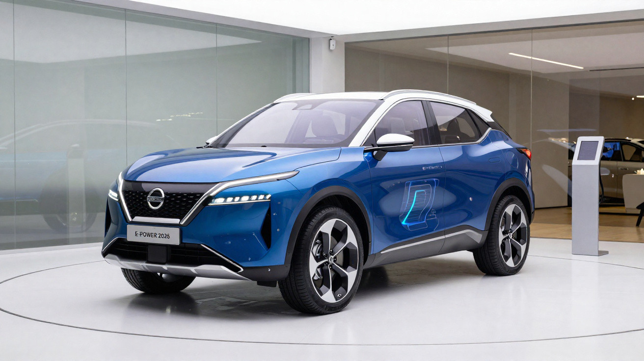 SUV elétrico azul Nissan e-power 2026 em exposição moderna dentro de showroom.