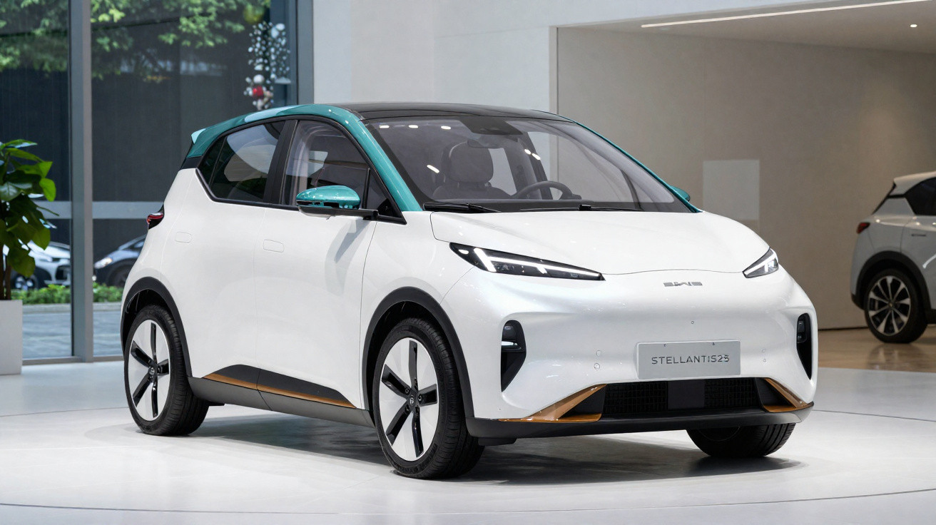 Carro elétrico branco com detalhes em azul exibido em salão moderno e iluminado.